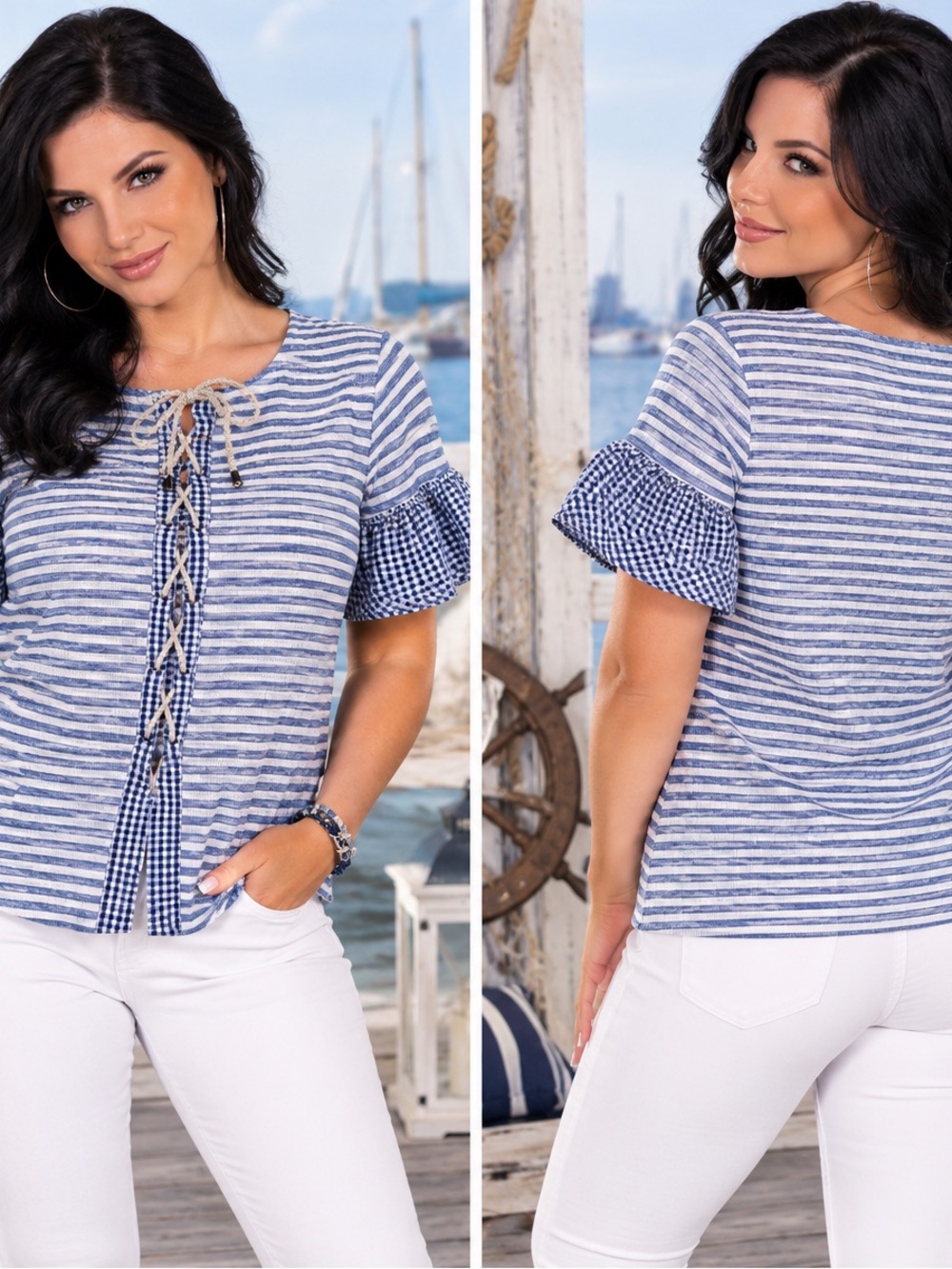 Copper Key women's Twee Striped Blue & White Lace Up Nautical Maiden blouse (S)